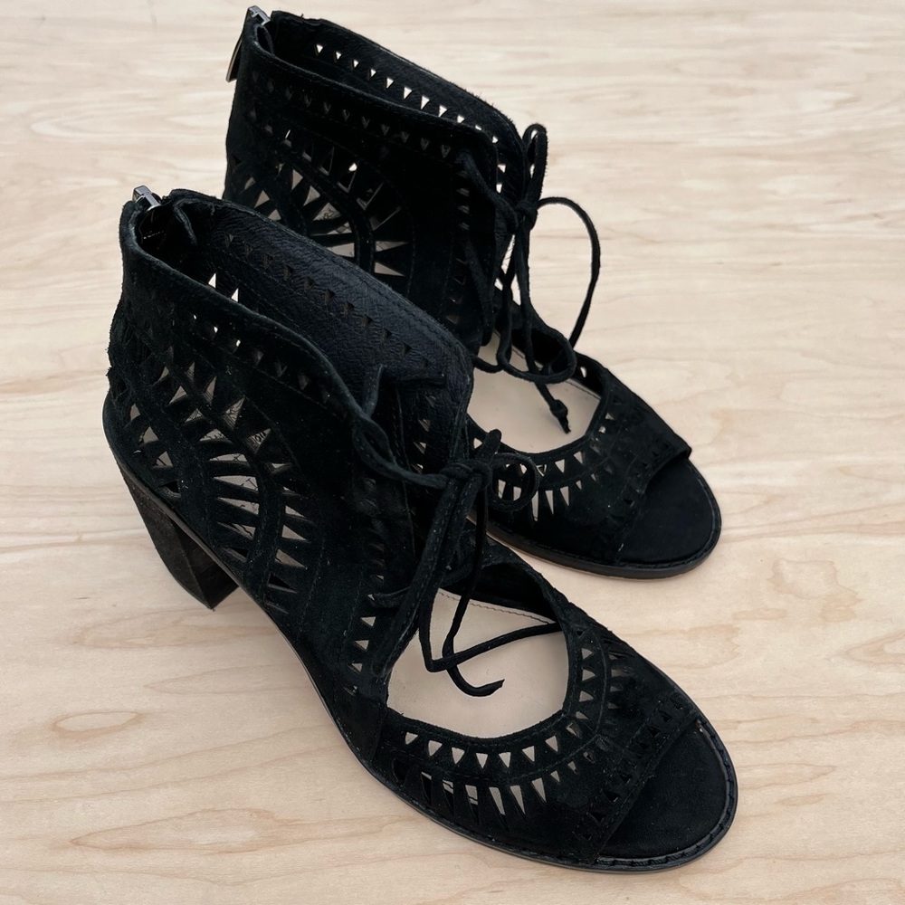 Vince Camuto Tarita Cutout Lace-Up Sandal, Black Suede, Womens‎ Size 6 M / 36